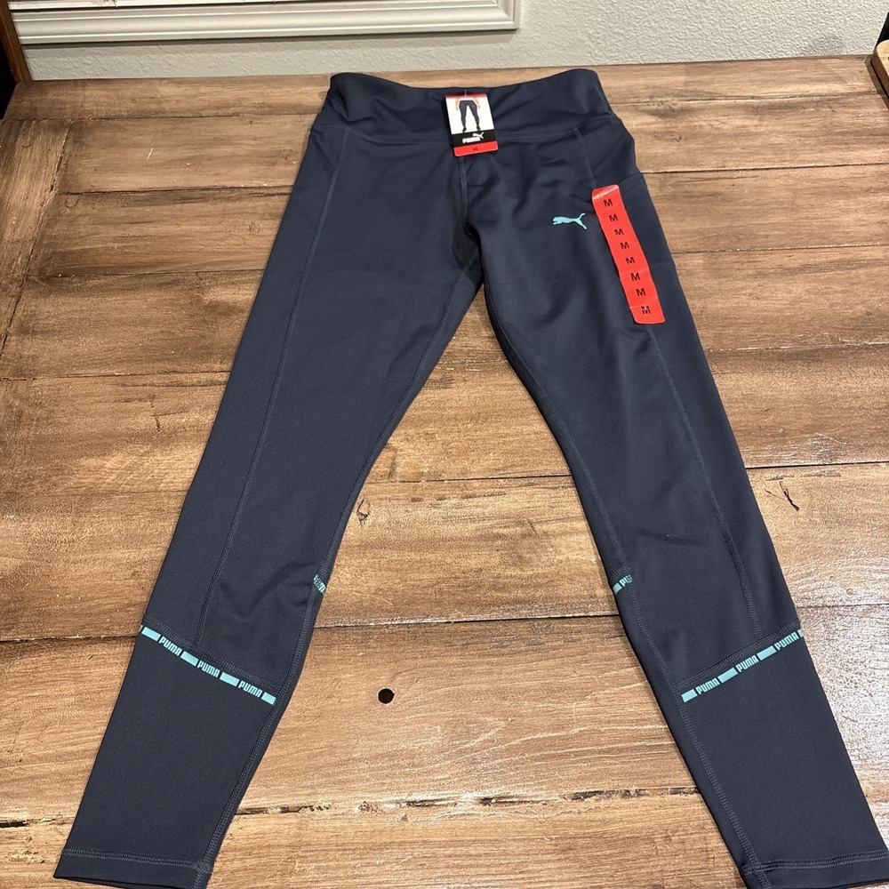 Puma‎ Leggings Women Med Blue Stretch Logo Sculpt Tight High Waisted Skinny Leg